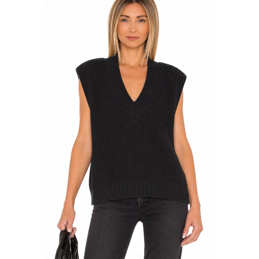 Pistola Midnight Black Cotton Knit V-Neck Sweater Vest Medium women vest